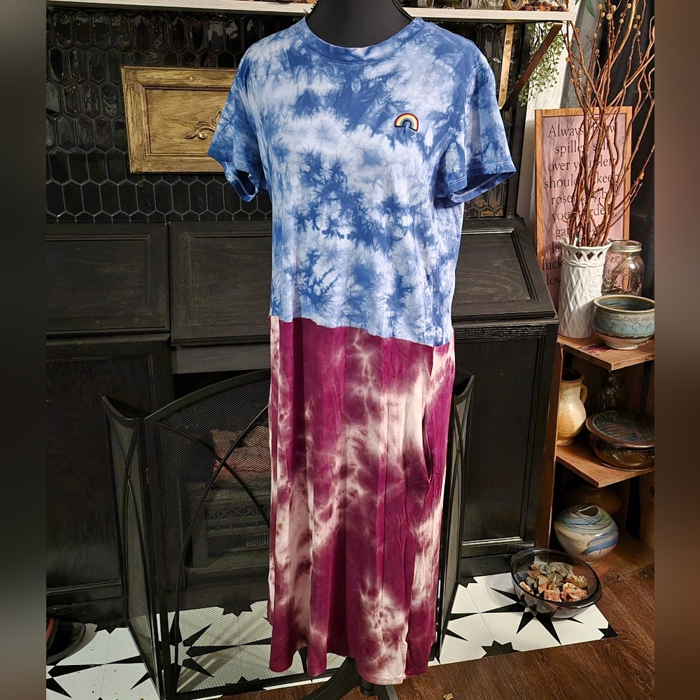 Drop Waist Blue and Burgundy Tie-Dye Midi/Maxi Dress Upcycled With Pockets Small